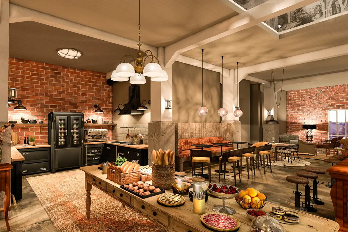 A kitchen with a table buffet full of food.