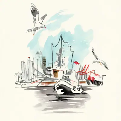 Illustration of Hamburg harbour with the Elbphilharmonie concert hall in the background and a launch and seagulls in the foreground