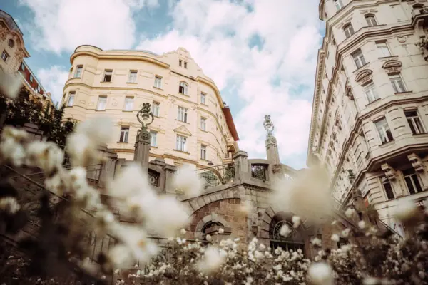 Building with white flowers in front of it.