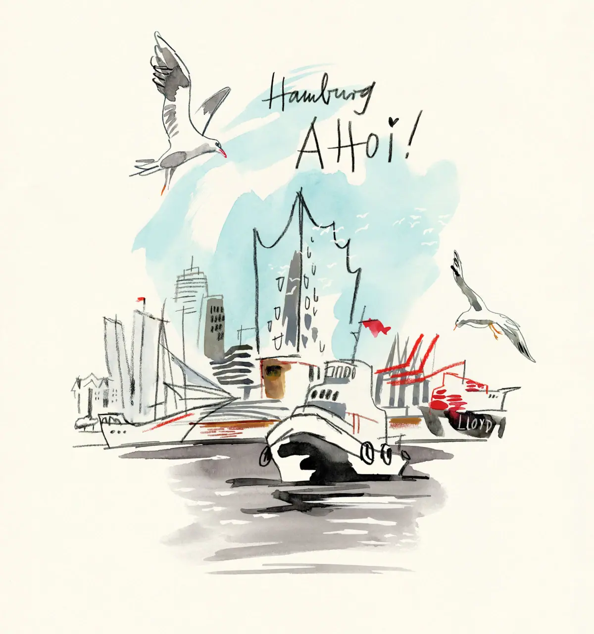 Watercolour painting of a town with boats