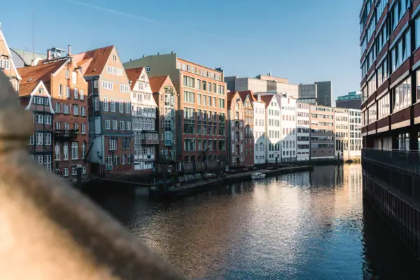 Water next to outdoor buildings