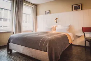 Bed with lamp and window in a stylish hotel room.